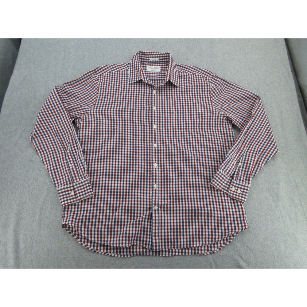 Lucky Brand Mens Button Down White Label Fit Red Blue Gingham Plaid XL